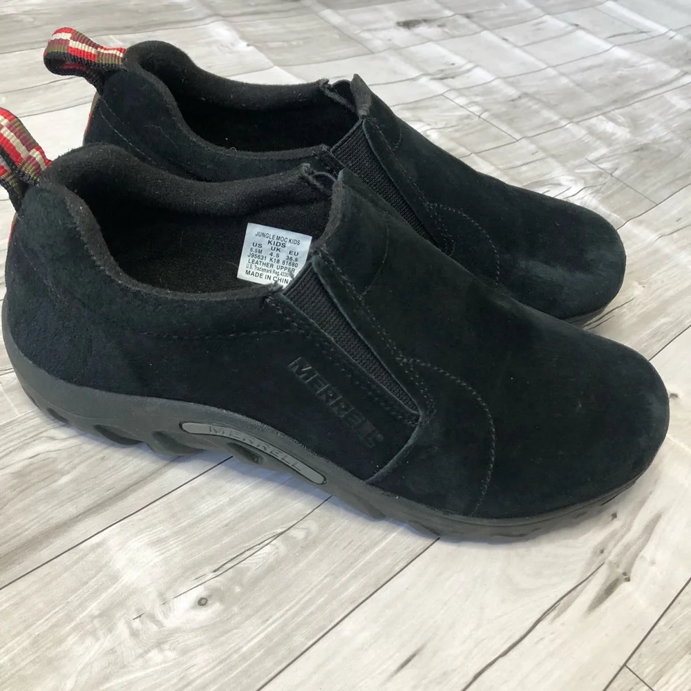 Merrell Shoes Boys 5.5 fit Womens 8 Jungle Moc Kids Black Suede Waterproof
